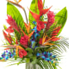 Tropical bouquet in a glass vase with red and orange bird-of-paradise flowers