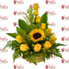 Yellow roses and a sunflower in a basket arrangement
