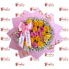 Pink and yellow rose bouquet with a satin bow and anniversary ribbon