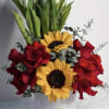 Red roses and sunflowers in a white hat box with white tulips