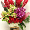Red roses and orchids arranged in a square glass vase