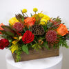 Mixed Fall Flowers in a Rectangle Wooden Box.