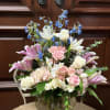 Recipe: Blue Delphinium, White Iris, Pink Spray, White Tulips, Pink Stargazers and