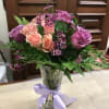 Recipe: Lavender Roses, Pink Spray Roses, Dianthus and Greens in medium, clear