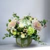 Recipe: Pink Crysthemums, White Spray Roses, White Matsumoto, Hypericum Berries, and Eucalyptus