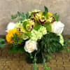 Type of Flowers: Yellow Chrysanthemums, Green Orchids, Green Hydrangea, White Roses, and