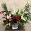 Traditional Christmas arrangement with white asiatic lilies, red roses, white orchids, pines