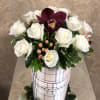 Recipe: White roses, burgundy orchid, and berries in a beautiful black plaid