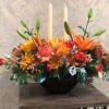 Type of Flowers: Orange Roses, Orange Asiatic Lilies, Fall-colored Daisies, Red Carnations