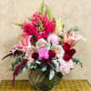 Recipe: Stargazers, Hot pink Snapdragons, Seasonal Peonies, White Cymbidium Orchids, Red Roses