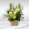 Type of Flowers: Bells of Ireland, White Tulips, Yellow Sunflower, Green Cymbidium