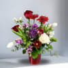 Moms would love with cool arrangement with Seasonal Campanula, Red Roses, White