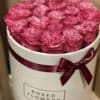 Beautful 25 ruffled &ldquo;country blues&rdquo; garden roses Inna white round box. 