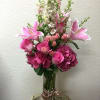 Type of Flowers: Pink and White Delphinium, Pink Hydrangeas, Pink Roses, Pink