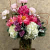 Type of Flowers: Pink Peonies, Lavender Roses, White Hydrangeas, and Branches in