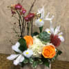 Type of Flowers: Phalaenopsis Orchids, Orange Roses, White Hydrangea, PInk Fuji Mums