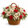 Basket of red carnations and white alstroemeria flowers