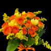 Orange and yellow rose bouquet tied with an orange ribbon