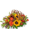 Basket arrangement with orange roses and yellow sunflowers