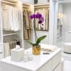 Purple orchid in a gold pot on a white table in a closet