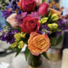 BEAUTIFUL BOUQUET OF ROSES, STOCK, DELPHINIUM, ALSTROMERIA IN A GOLD DIPPED CYLINDER