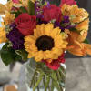 A VIBRANT BOUQUET OF SUNFLOWERS,  ROSES, LILIES, ALSTROMERIA  AND STOCK