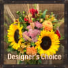 Mixed bouquet with sunflowers, dahlias, and pink filler flowers