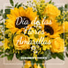 Yellow sunflowers and roses in a glass vase with white text overlay