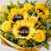 Yellow sunflowers and roses in a wrapped bouquet with overlaid text