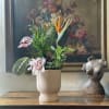 Tropical plant arrangement in a beige pot with bird of paradise and orchids