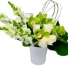 White and green floral arrangement in a white vase