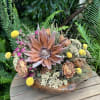 Dried floral arrangement with a large copper-toned bloom in a wooden bowl
