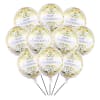 The white and gold Happy Anniversary mylar balloon announces celebration with classic