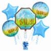 Cluster of baby shower balloons with "Oh Baby!" and "Hello World!" text