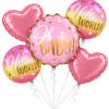 Pink baby shower balloons with heart shapes and "Oh Baby!" text
