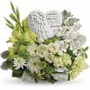 White and green sympathy bouquet with angel keepsake stones