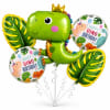 Dinosaur birthday balloon bouquet with leaf-shaped balloons