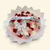Red roses and pink carnations wrapped with a silver anniversary ribbon