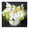 White orchids and pale yellow roses in a white vase