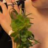 Green succulent wrist corsage on a woman's wrist