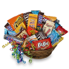 Basket of assorted candy bars with curly ribbon