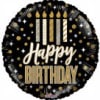Round black birthday balloon with gold candles and "Happy Birthday" text