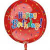 Round red birthday balloon with colorful confetti and Happy Birthday text