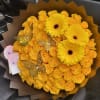 Yellow rose bouquet with three gerbera daisies and butterfly decorations