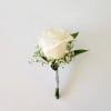White rose boutonniere with baby's breath and green leaves