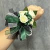 White spray roses with emerald green &amp; black ribbon wrist corsage with
