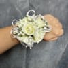 White spray roses round corsage with pearl bracelet 