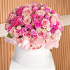 Pink and blush rose bouquet in a white hat box