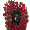A dense ring of deep red roses frames a black urn for