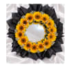Sunflower wreath with white filler flowers and black wrapping